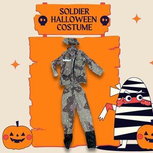 Kids Soldier Halloween Costume Set W/ Jacket Pants & Hat - Camouflage Print Elas